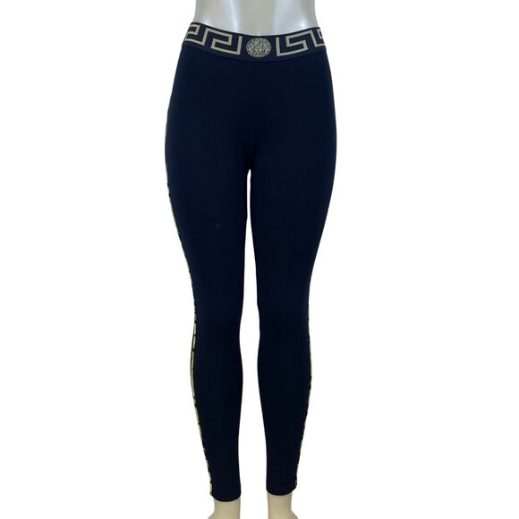 Versace Womens Black Cotton & Elastane Leggings Greek Key...
